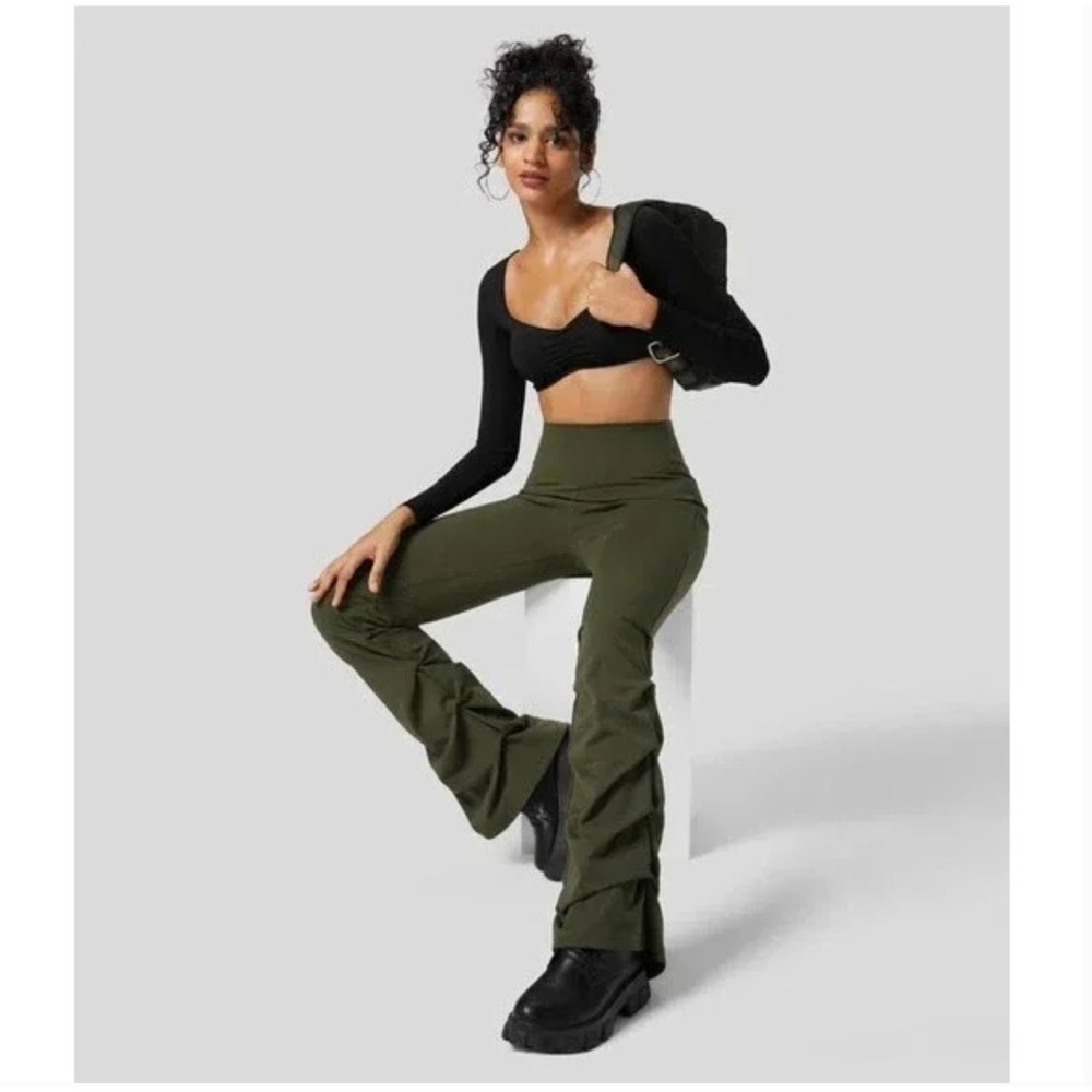 2/$30 New EcoCloudful Fabric Layered Ruched Flare Pants Lone Pine Green Medium - Picture 3 of 12